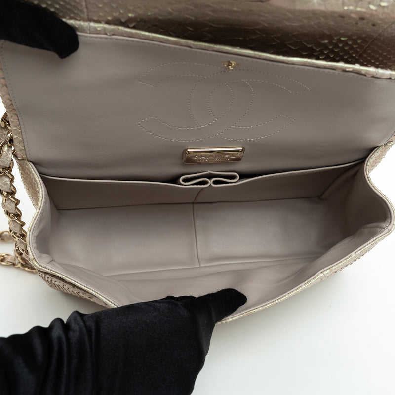 Pre-Loved Chanel™ Pearlescent Beige Python Leather Jumbo Classic Double Flap Bag