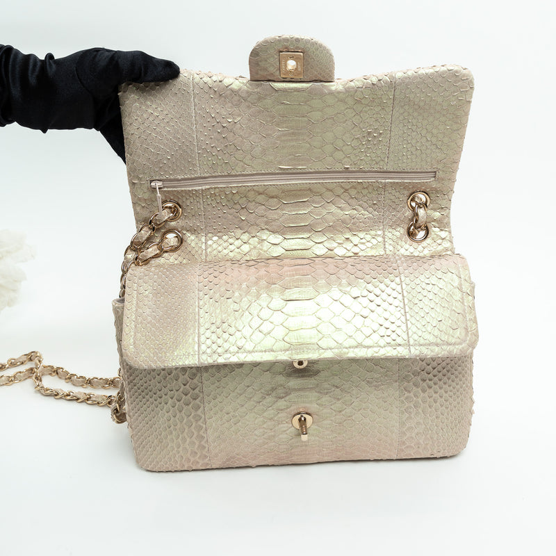 Pre-Loved Chanel™ Pearlescent Beige Python Leather Jumbo Classic Double Flap Bag