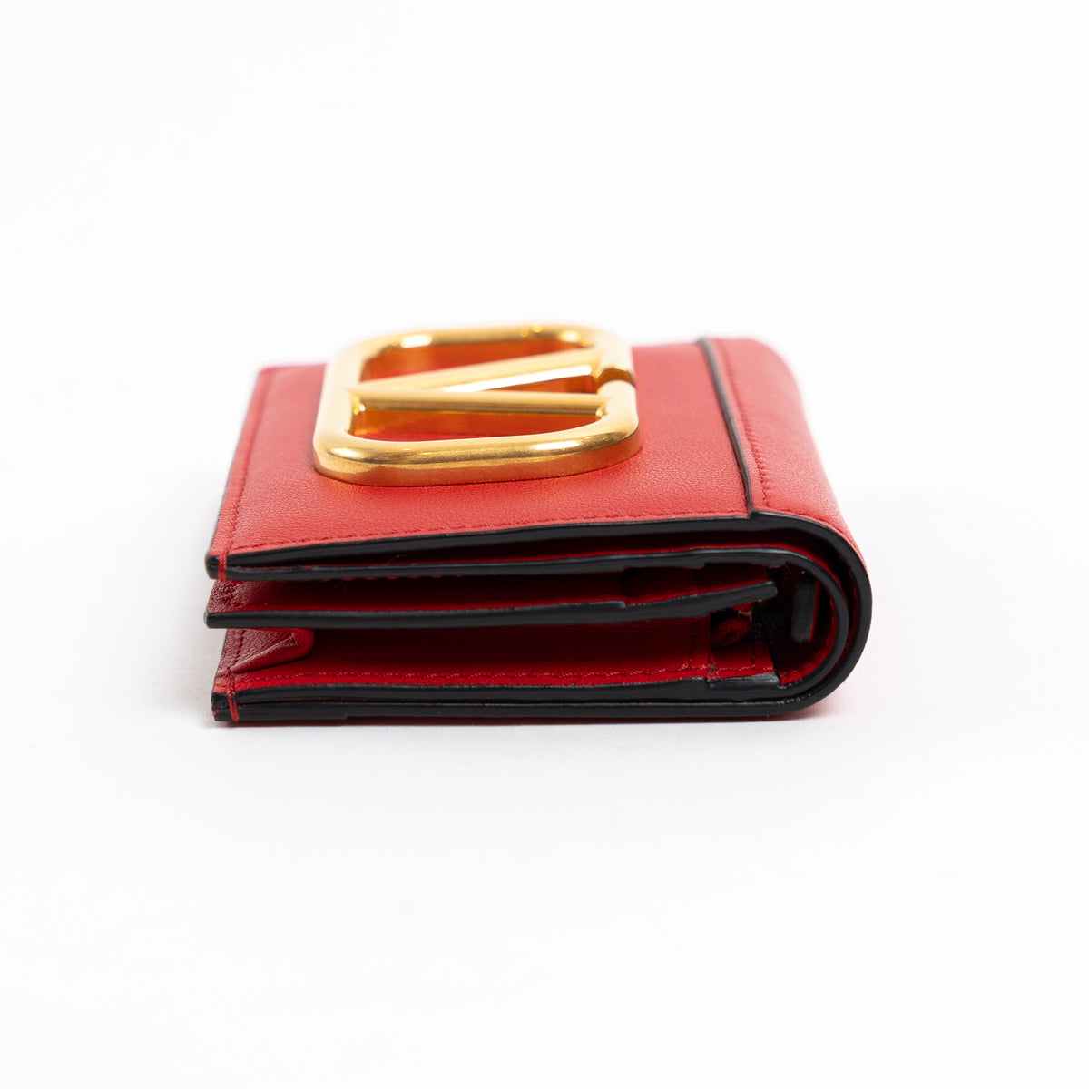 Valentino Red Calfskin Leather V Logo Compact Wallet