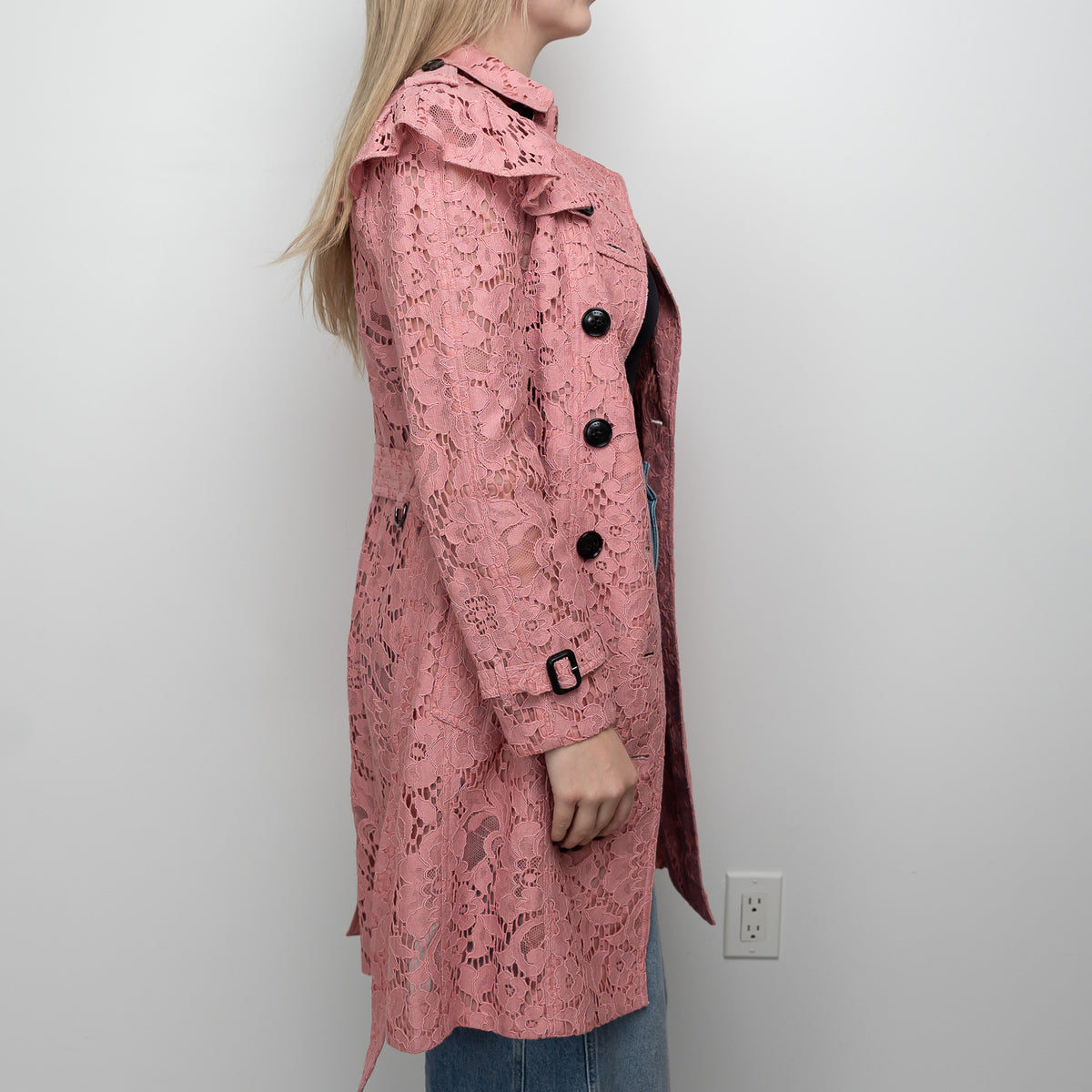 Burberry Pink Floral Lace Trench Coat Size 6