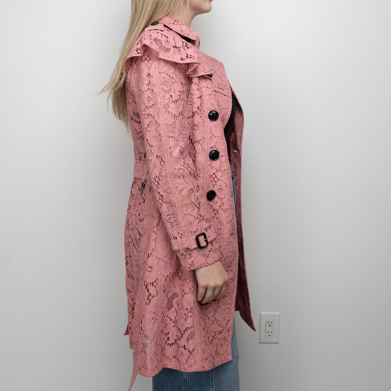 Burberry Pink Floral Lace Trench Coat Size 6