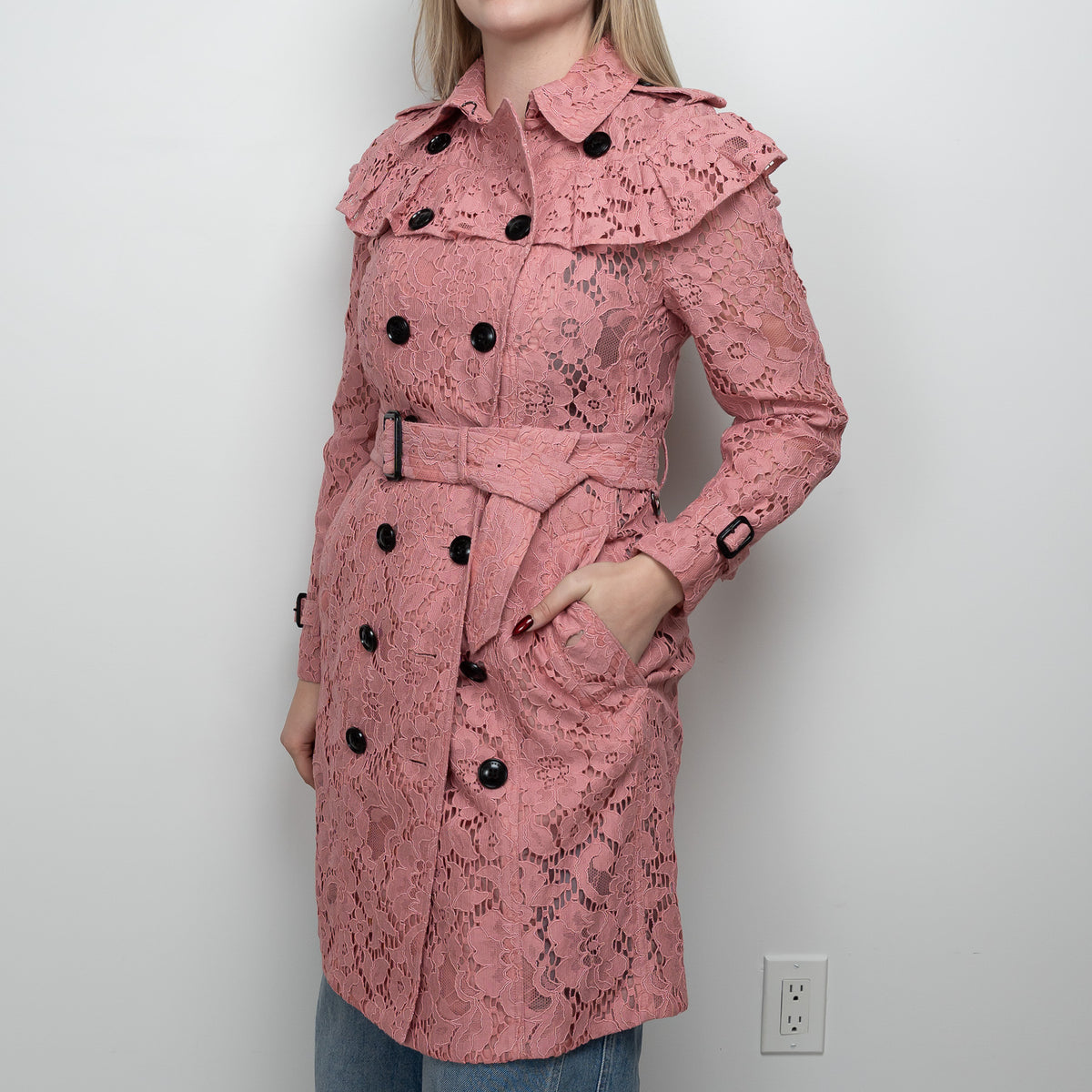 Burberry Pink Floral Lace Trench Coat Size 6