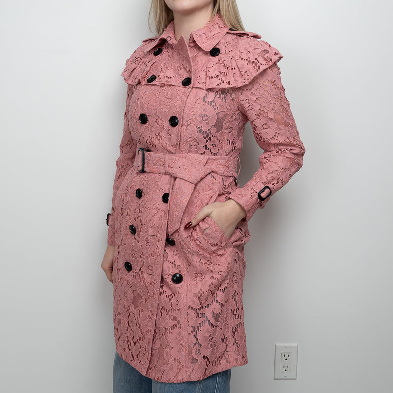 Burberry Pink Floral Lace Trench Coat Size 6