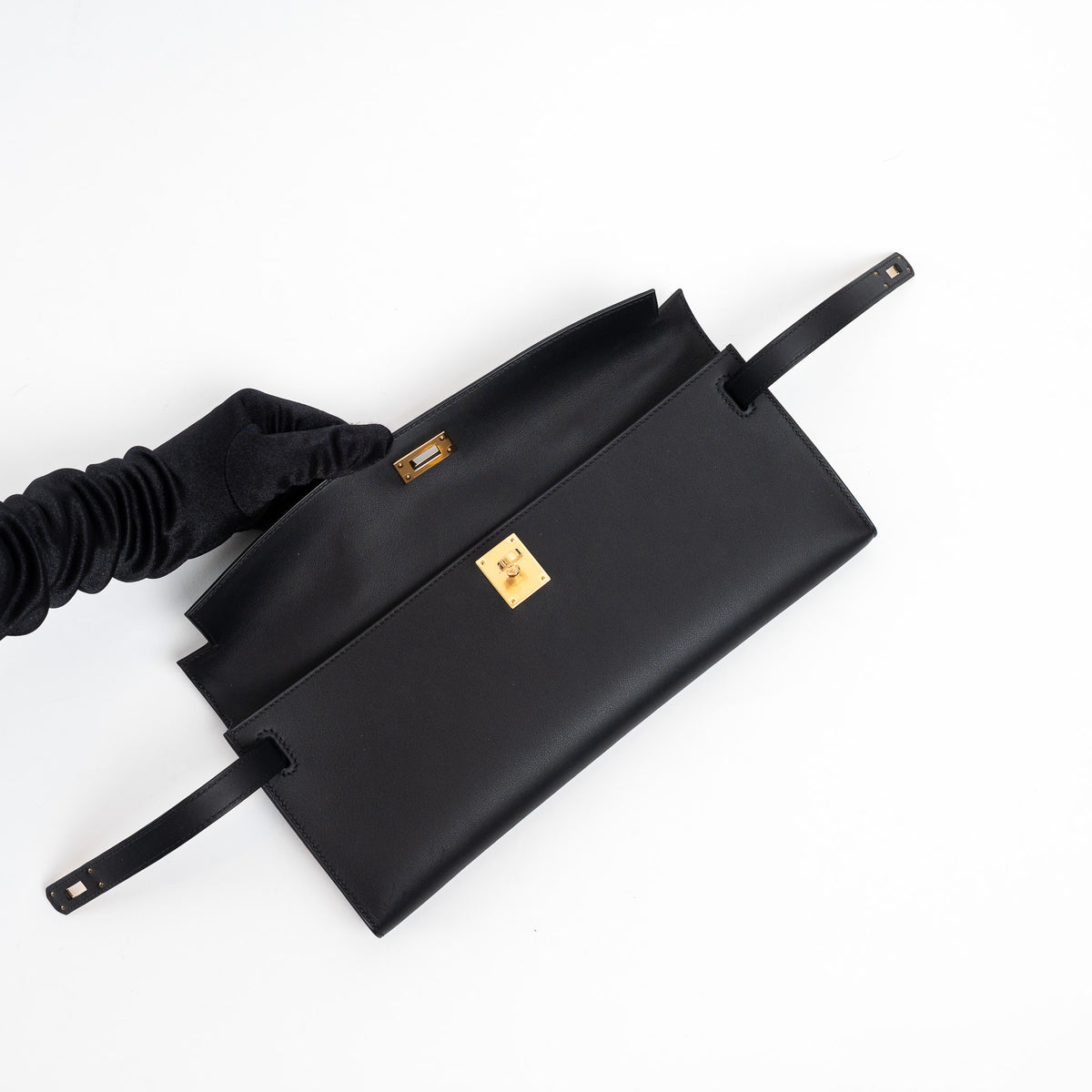 Hermes Black Swift Leather Kelly Cut Clutch