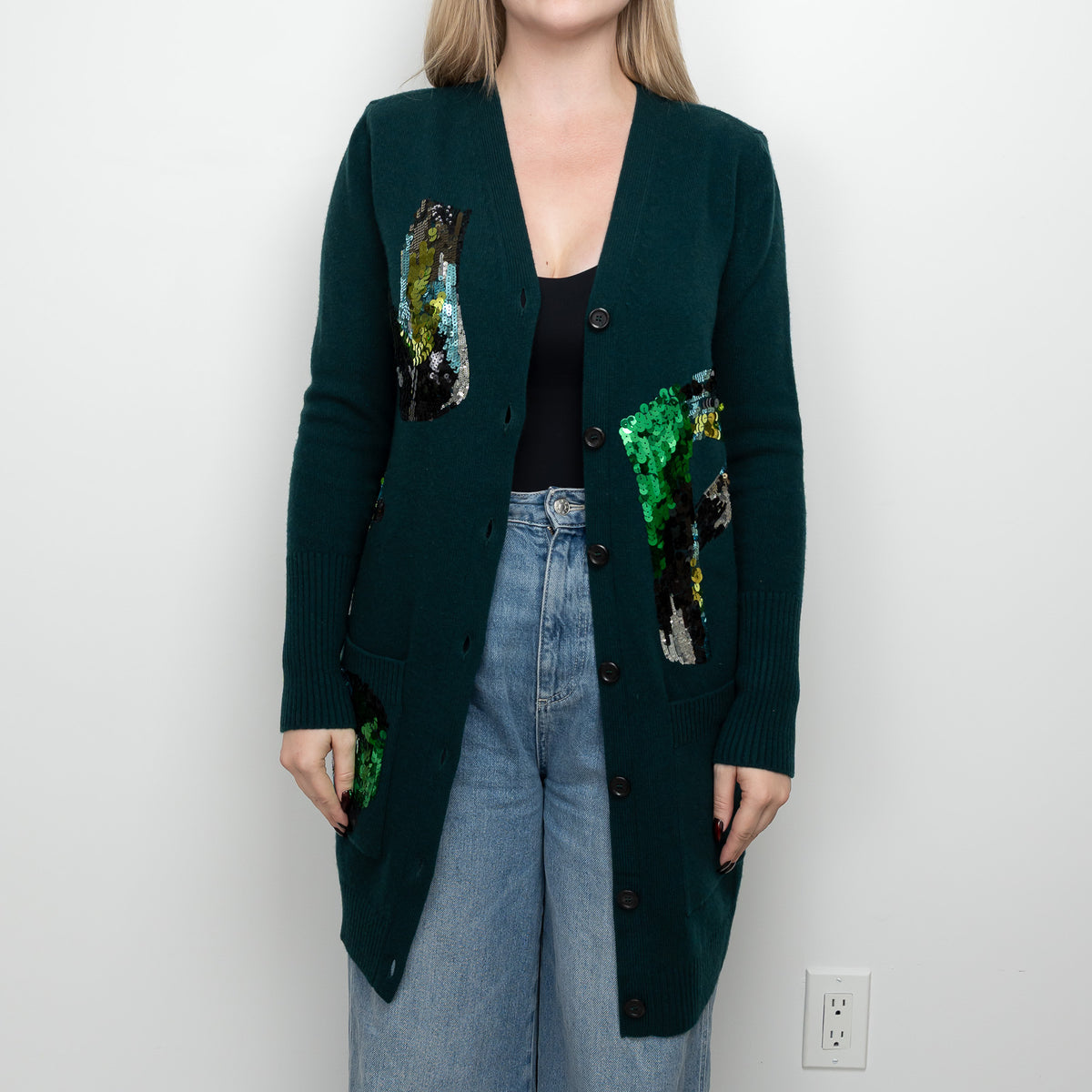 Louis Vuitton Dark Green Wool Sequin Long Cardigan Size M