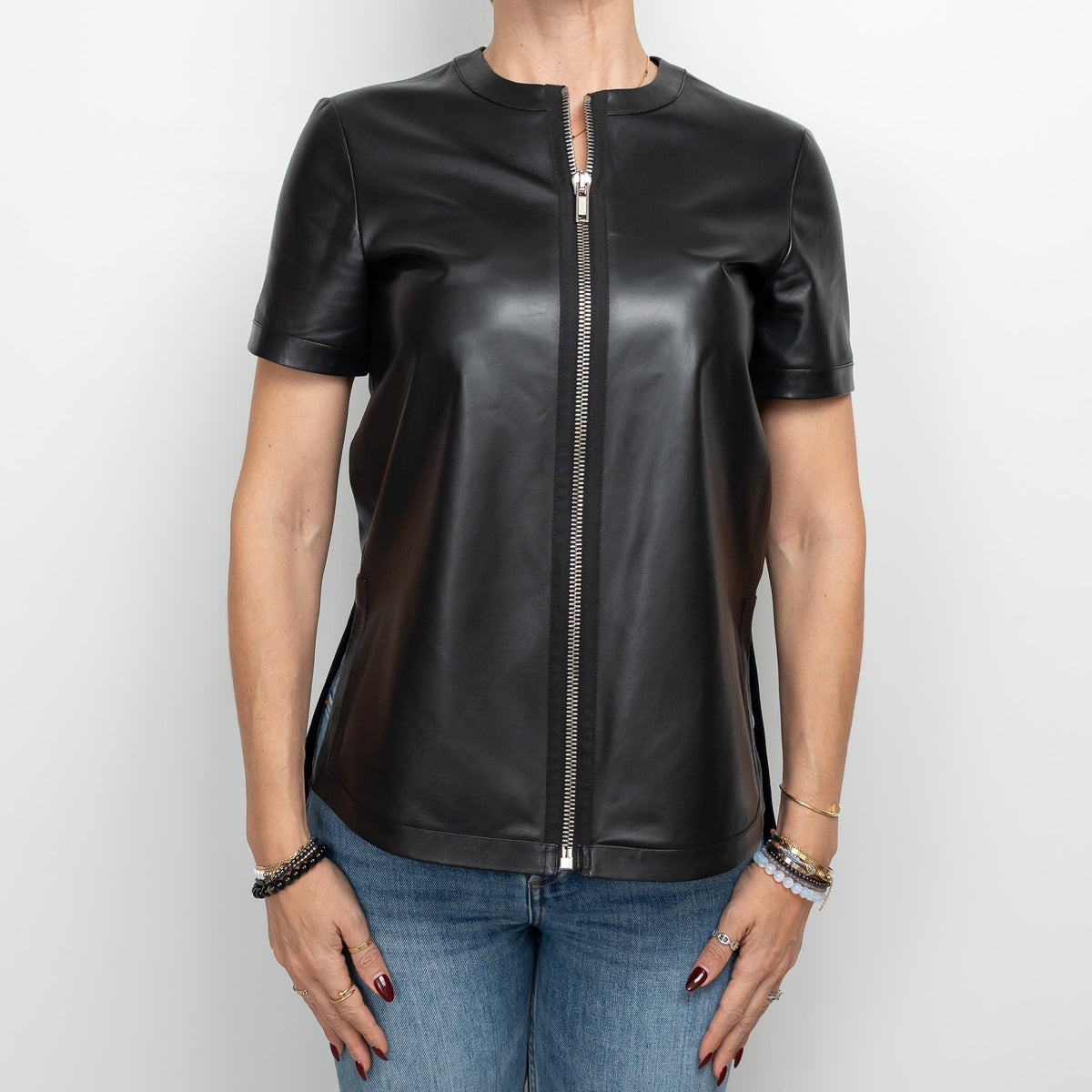 Givenchy Black Lambskin Leather Zip Up Shortsleeve Top Size 36