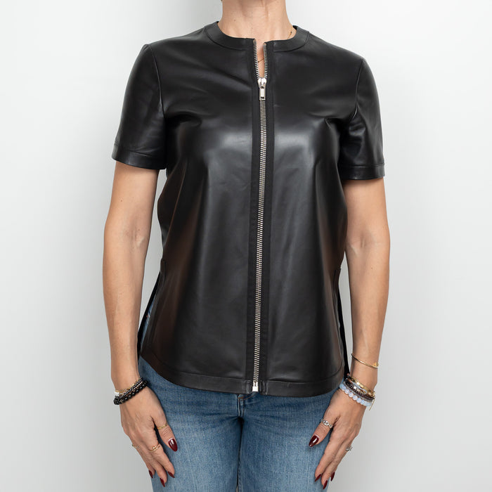 Givenchy Black Lambskin Leather Zip Up Shortsleeve Top Size 36