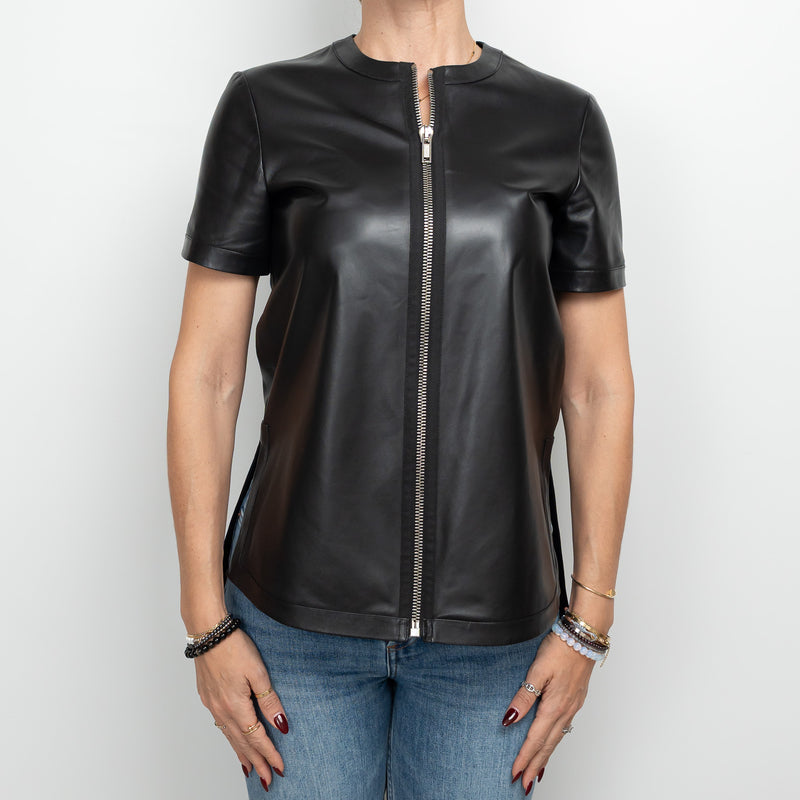 Givenchy Black Lambskin Leather Zip Up Shortsleeve Top Size 36