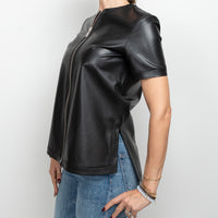 Givenchy Black Lambskin Leather Zip Up Shortsleeve Top Size 36