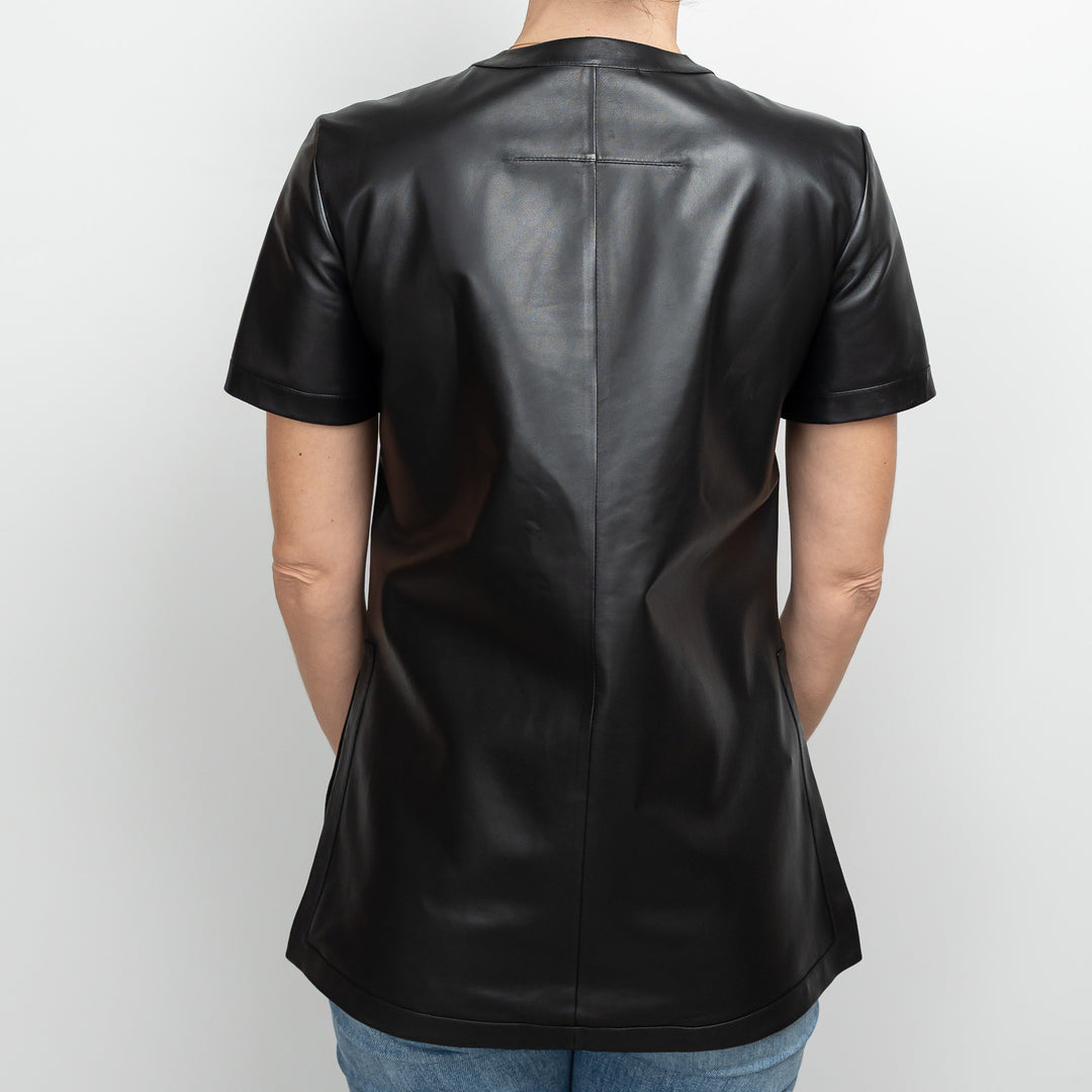 Givenchy Black Lambskin Leather Zip Up Shortsleeve Top Size 36