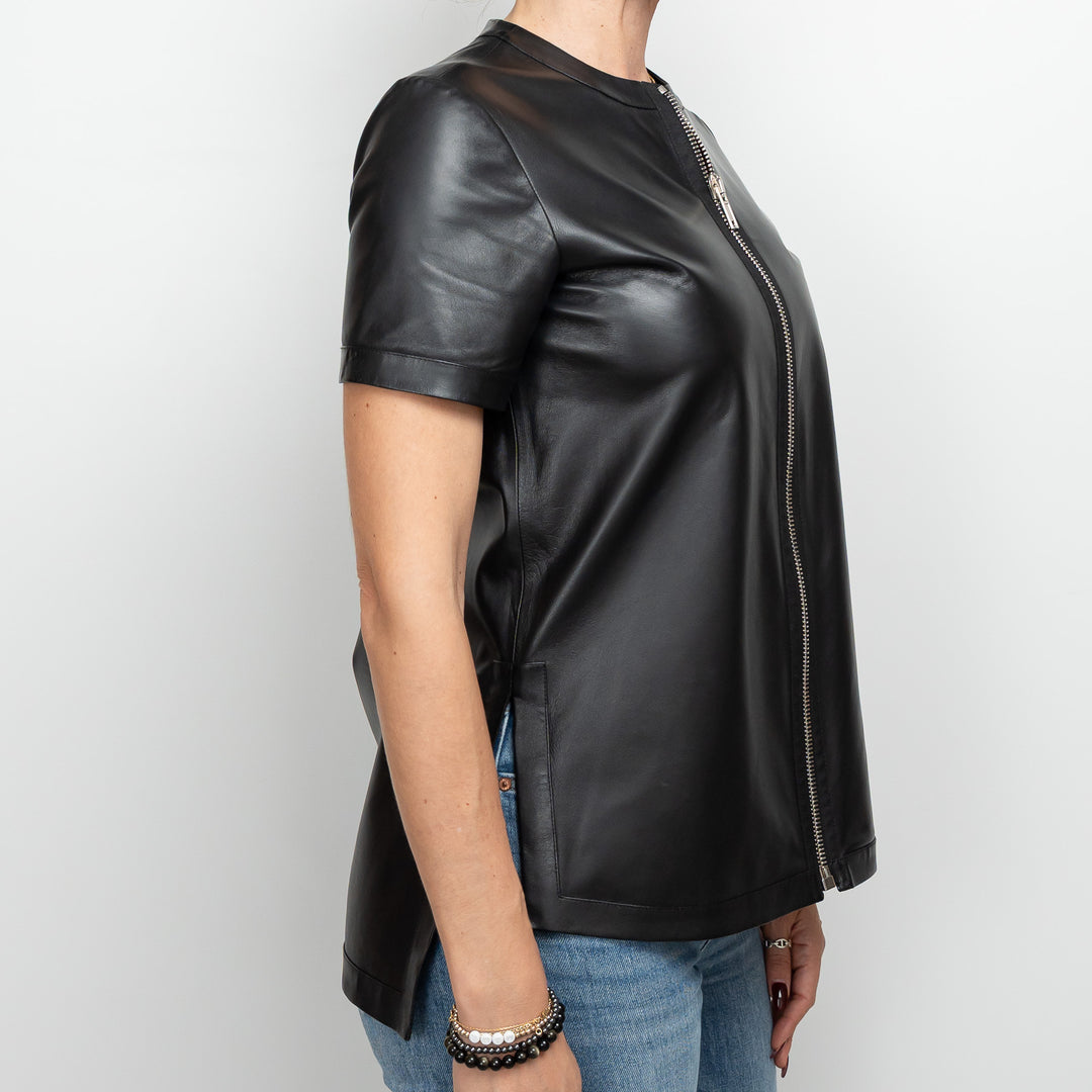 Givenchy Black Lambskin Leather Zip Up Shortsleeve Top Size 36