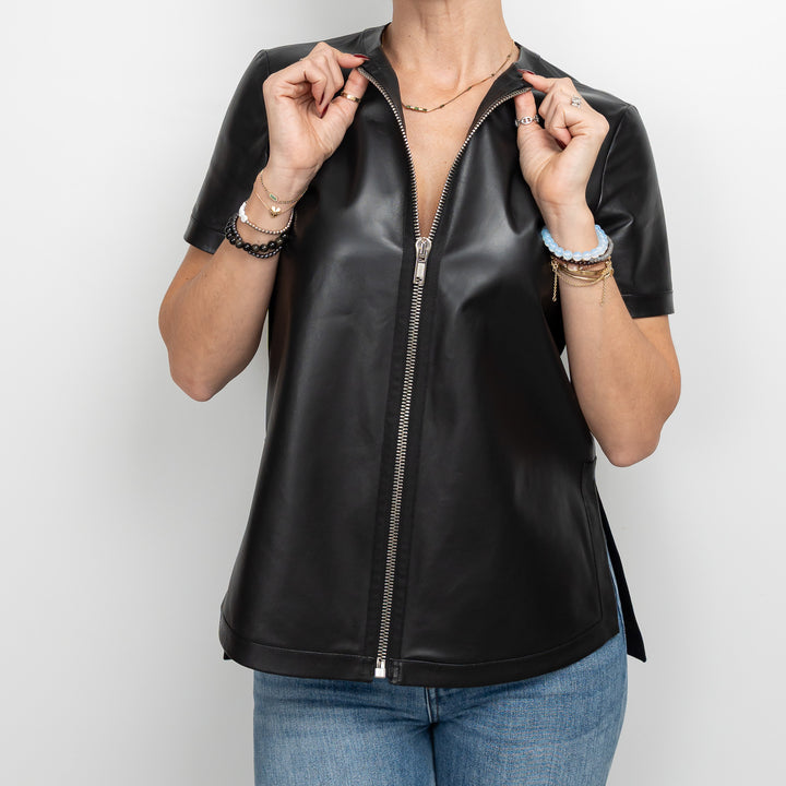 Givenchy Black Lambskin Leather Zip Up Shortsleeve Top Size 36