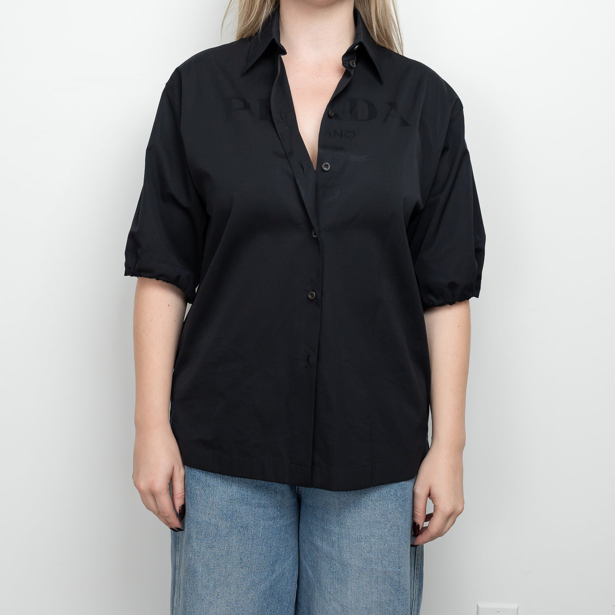 Prada Black Short Sleeve Button Up Size 40 with Drawstring Sleeves