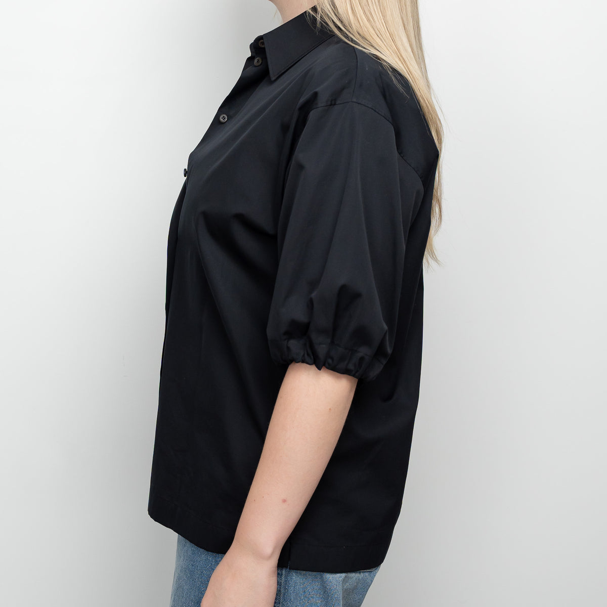 Prada Black Short Sleeve Button Up Size 40 with Drawstring Sleeves