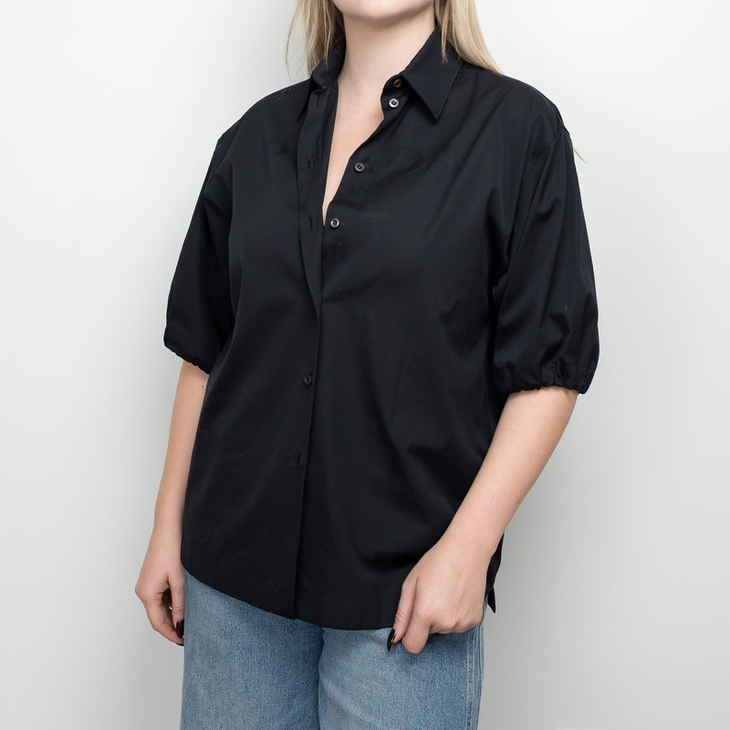Prada Black Short Sleeve Button Up Size 40 with Drawstring Sleeves