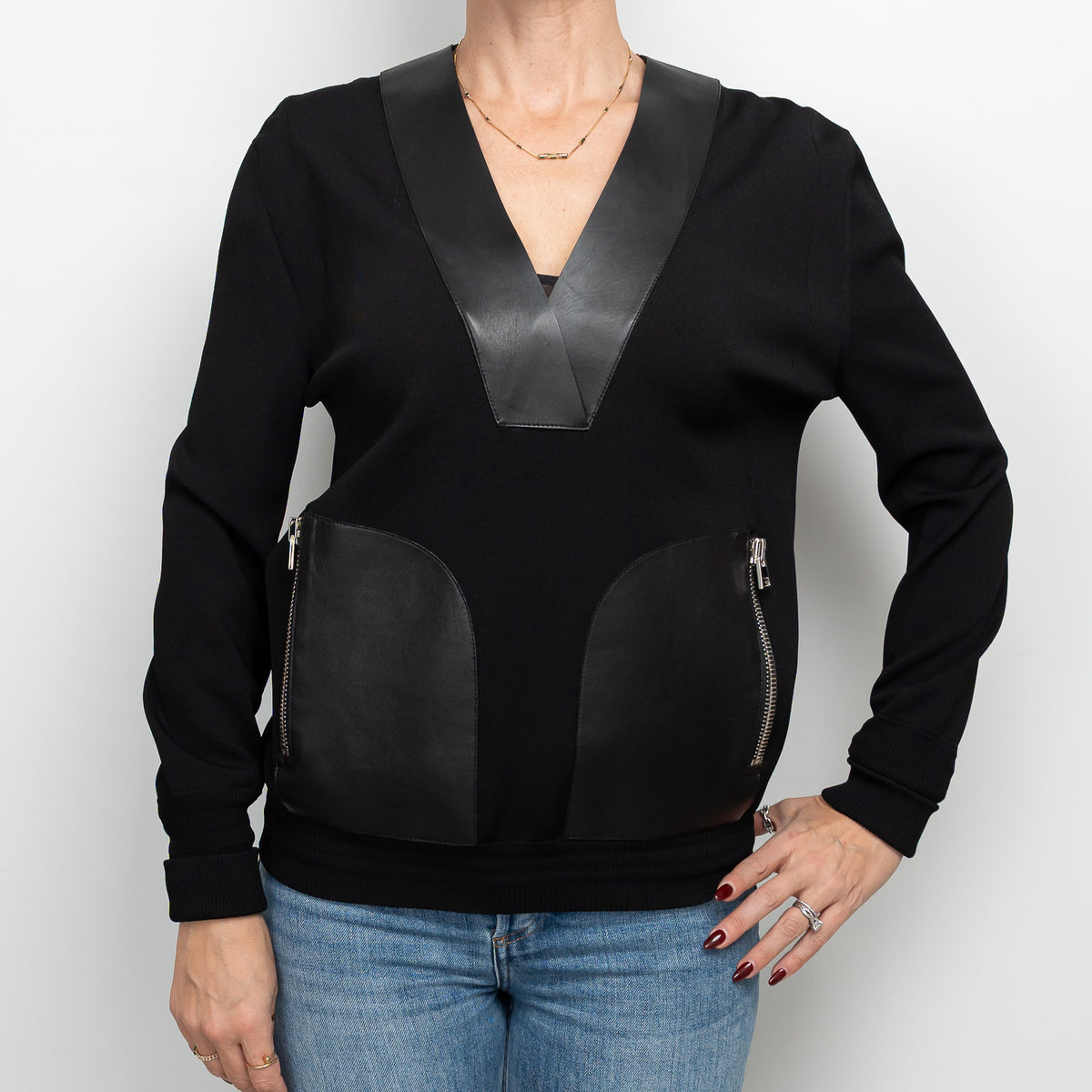 Tom Ford Black Cotton and Viscose V-Neck Sweater with Leather Size S