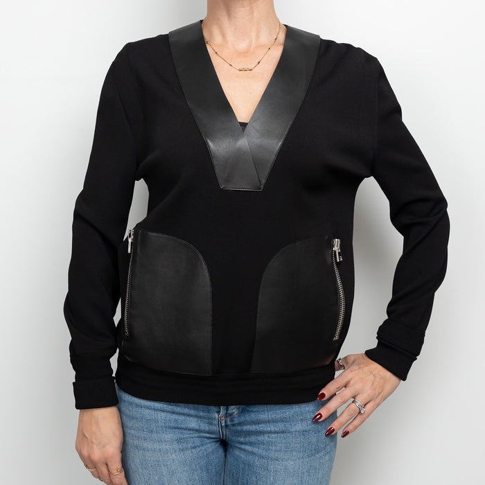 Tom Ford Black Cotton and Viscose V-Neck Sweater with Leather Size S