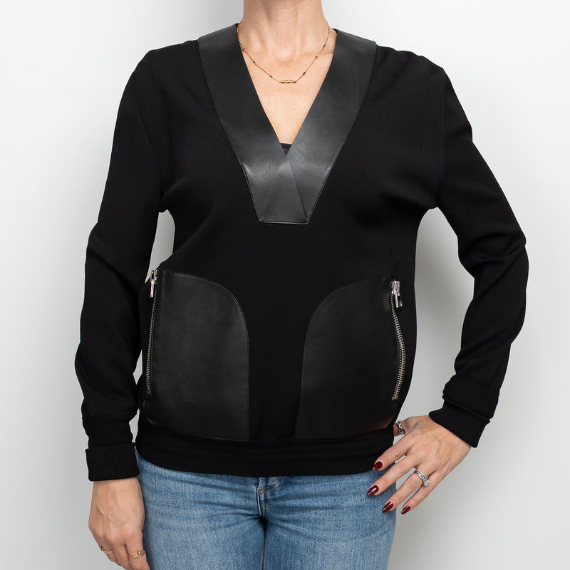 Tom Ford Black Cotton and Viscose V-Neck Sweater with Leather Size S