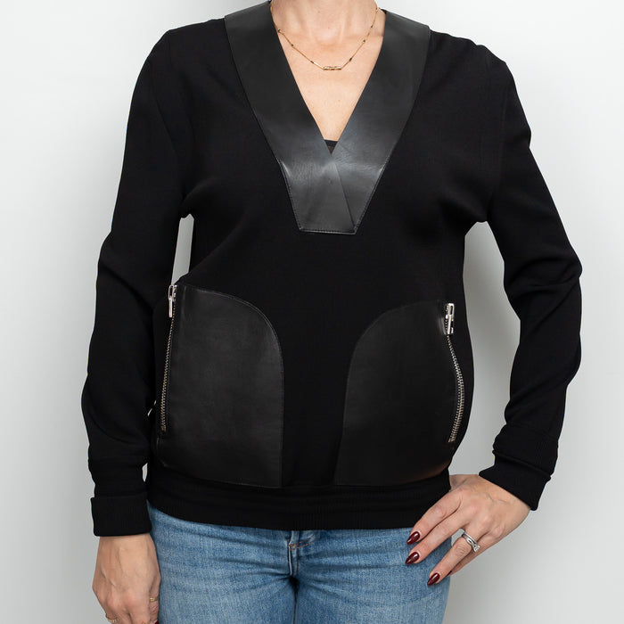 Tom Ford Black Cotton and Viscose V-Neck Sweater with Leather Size S