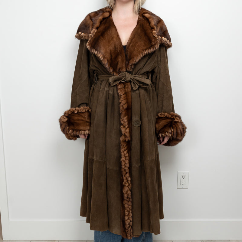 Fendi Vintage Brown Suede Demi Buff Mink Fur Belted Overcoat Size 40
