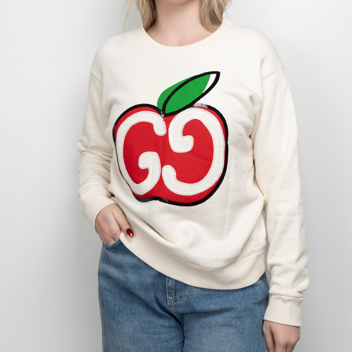 Gucci Cream Cotton Sequin GG Apple Sweater Size XS