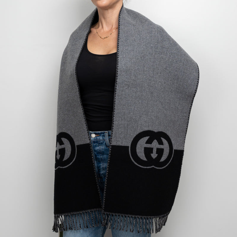 Gucci Grey and Black Wool Cashmere GG Scarf