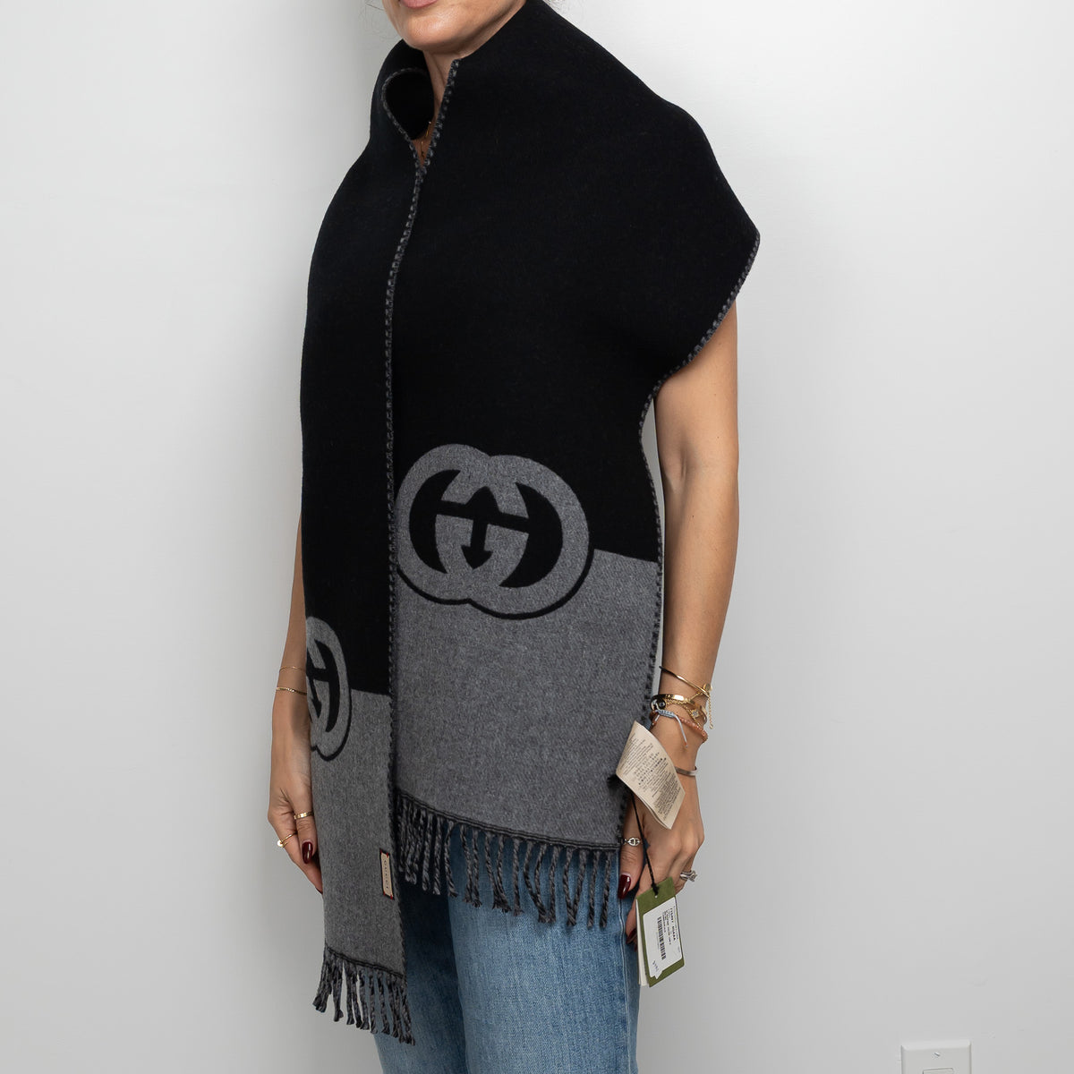 Gucci Grey and Black Wool Cashmere GG Scarf