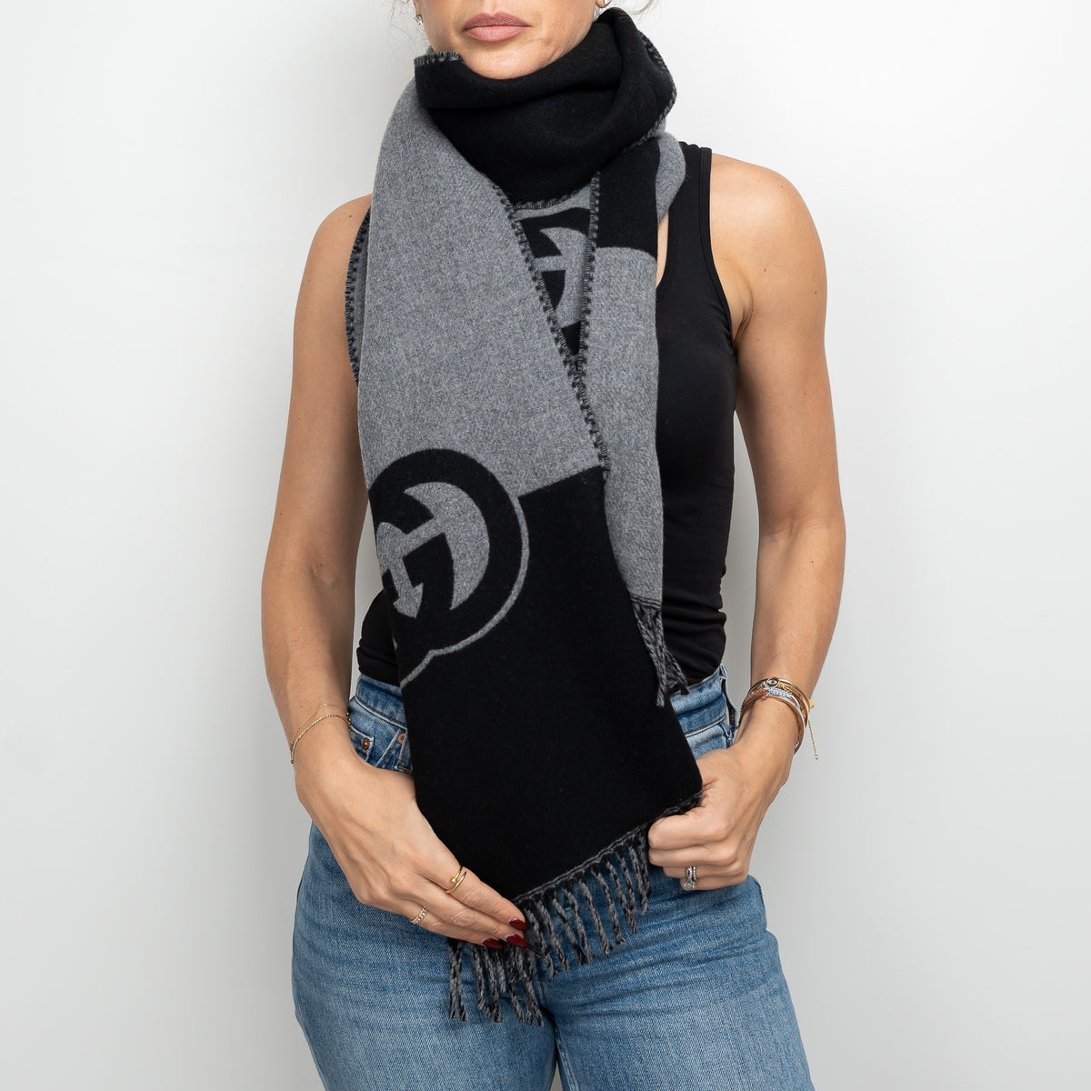 Gucci Grey and Black Wool Cashmere GG Scarf