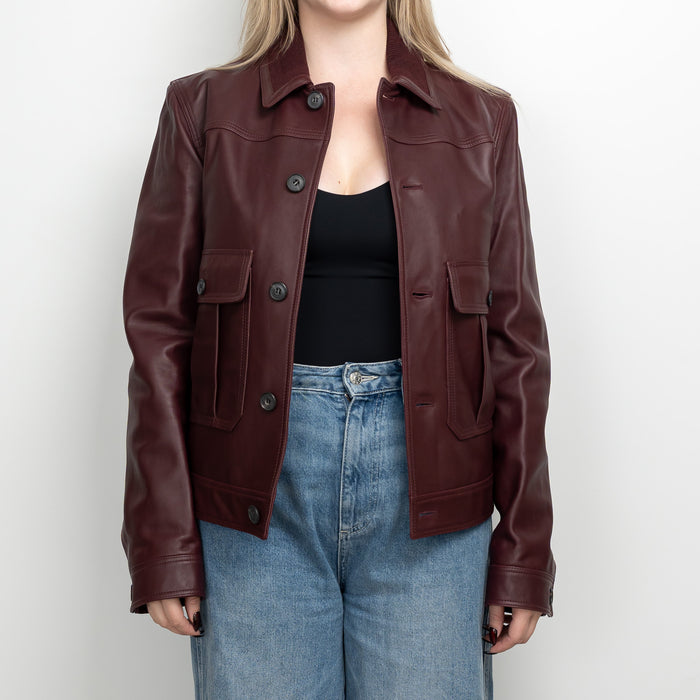 Burberry Burgundy Grained Leather Unisex Jacket Size 50