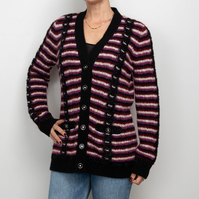 Pre-Loved Chanel™ Black Multicolor Alpaca Blend Striped Cardigan Size 40