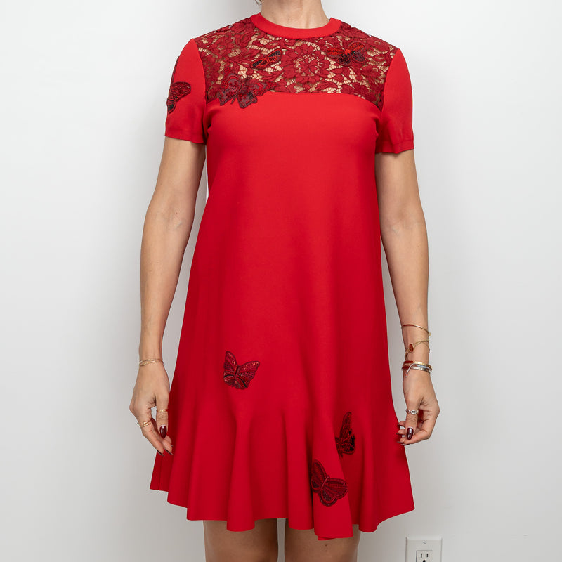 Valentino Red Viscose Floral and Butterfly Embroidered Dress Size M