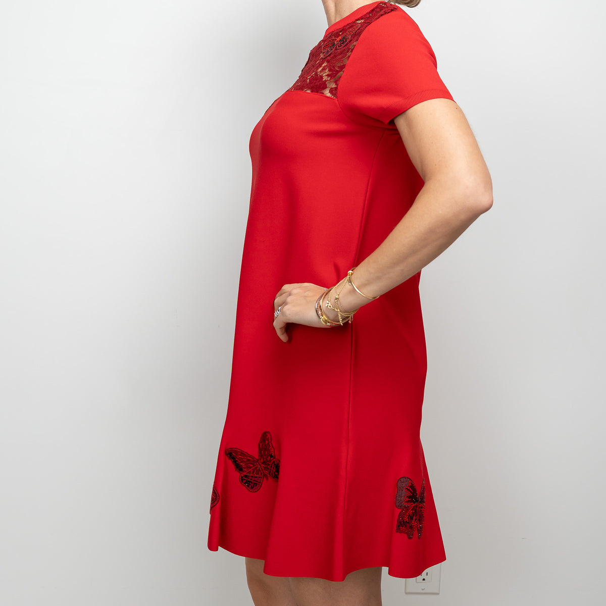 Valentino Red Viscose Floral and Butterfly Embroidered Dress Size M