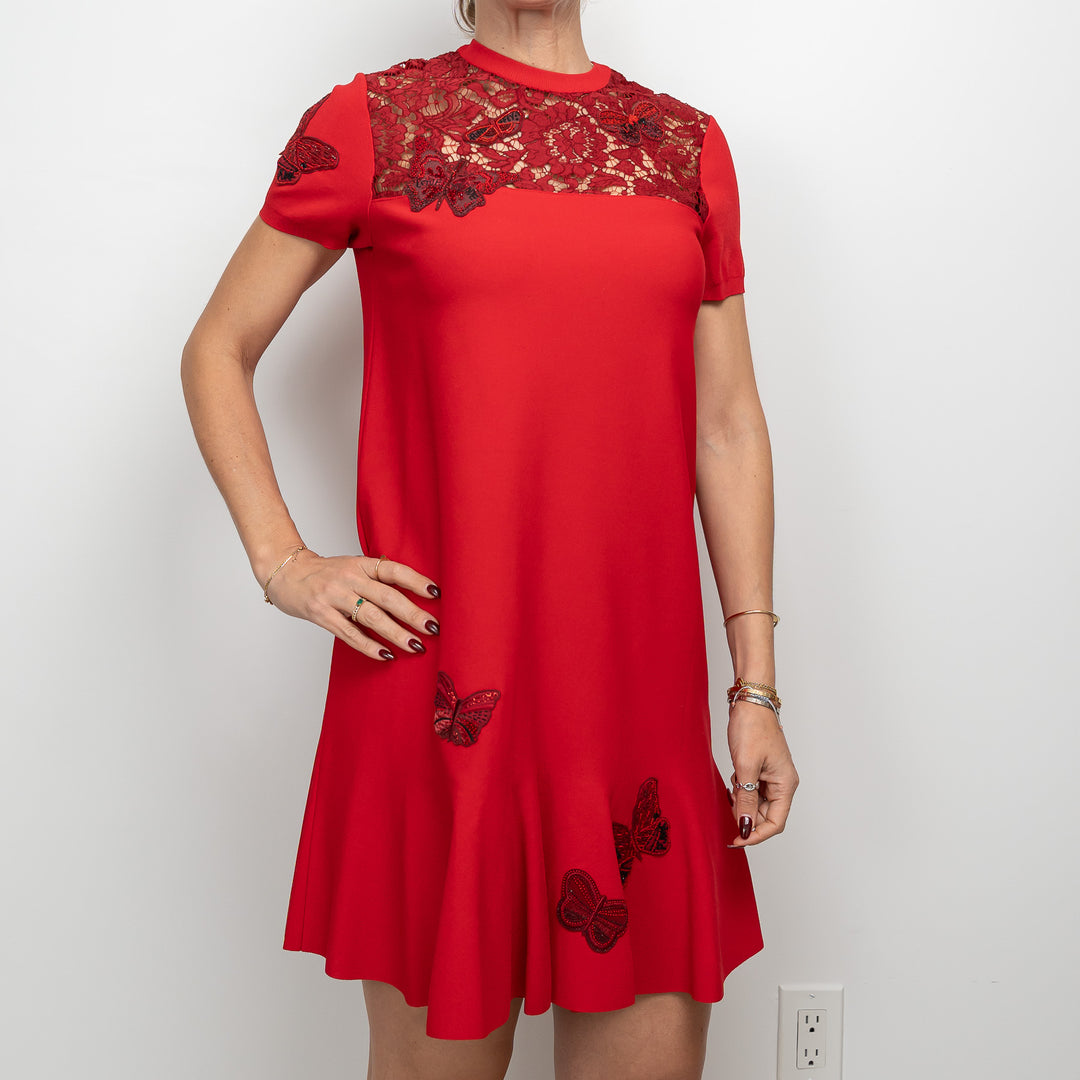 Valentino Red Viscose Floral and Butterfly Embroidered Dress Size M