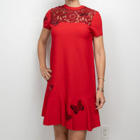 Valentino Red Viscose Floral and Butterfly Embroidered Dress Size M