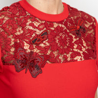 Valentino Red Viscose Floral and Butterfly Embroidered Dress Size M