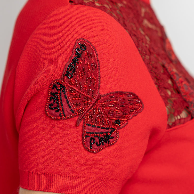 Valentino Red Viscose Floral and Butterfly Embroidered Dress Size M