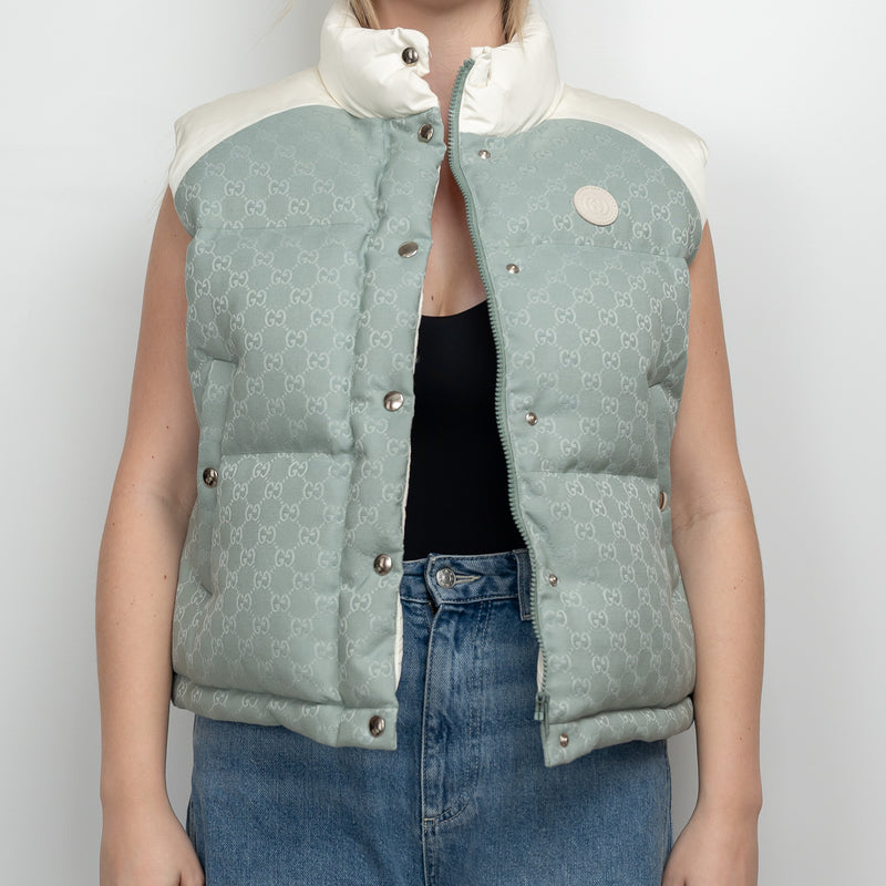 Gucci White Nylon and Blue GG Canvas Puffer Down Vest Size 42