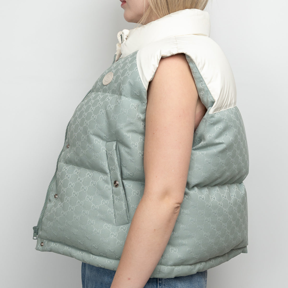 Gucci White Nylon and Blue GG Canvas Puffer Down Vest Size 42