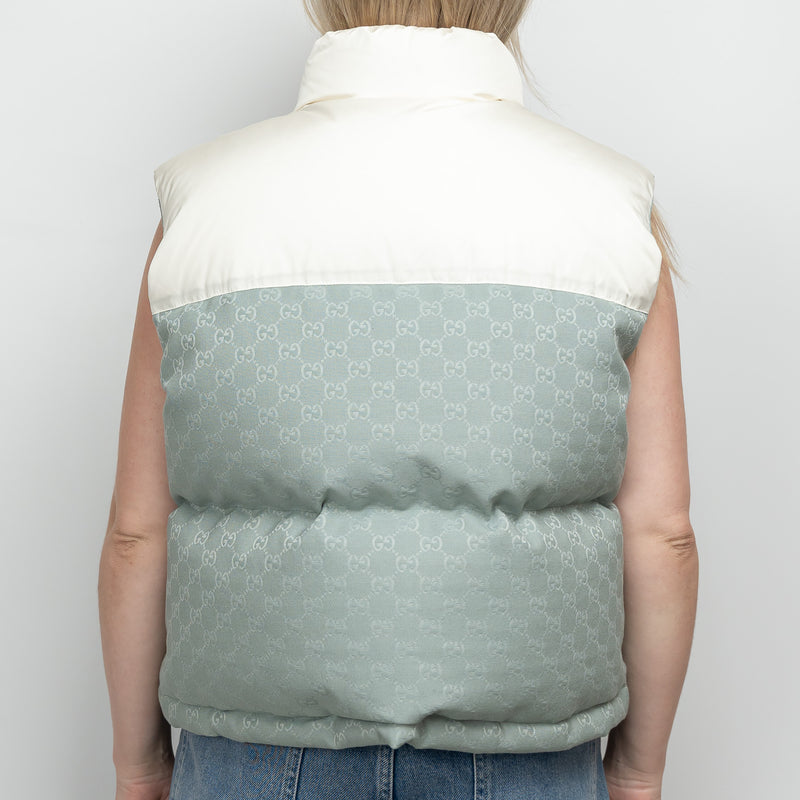 Gucci White Nylon and Blue GG Canvas Puffer Down Vest Size 42