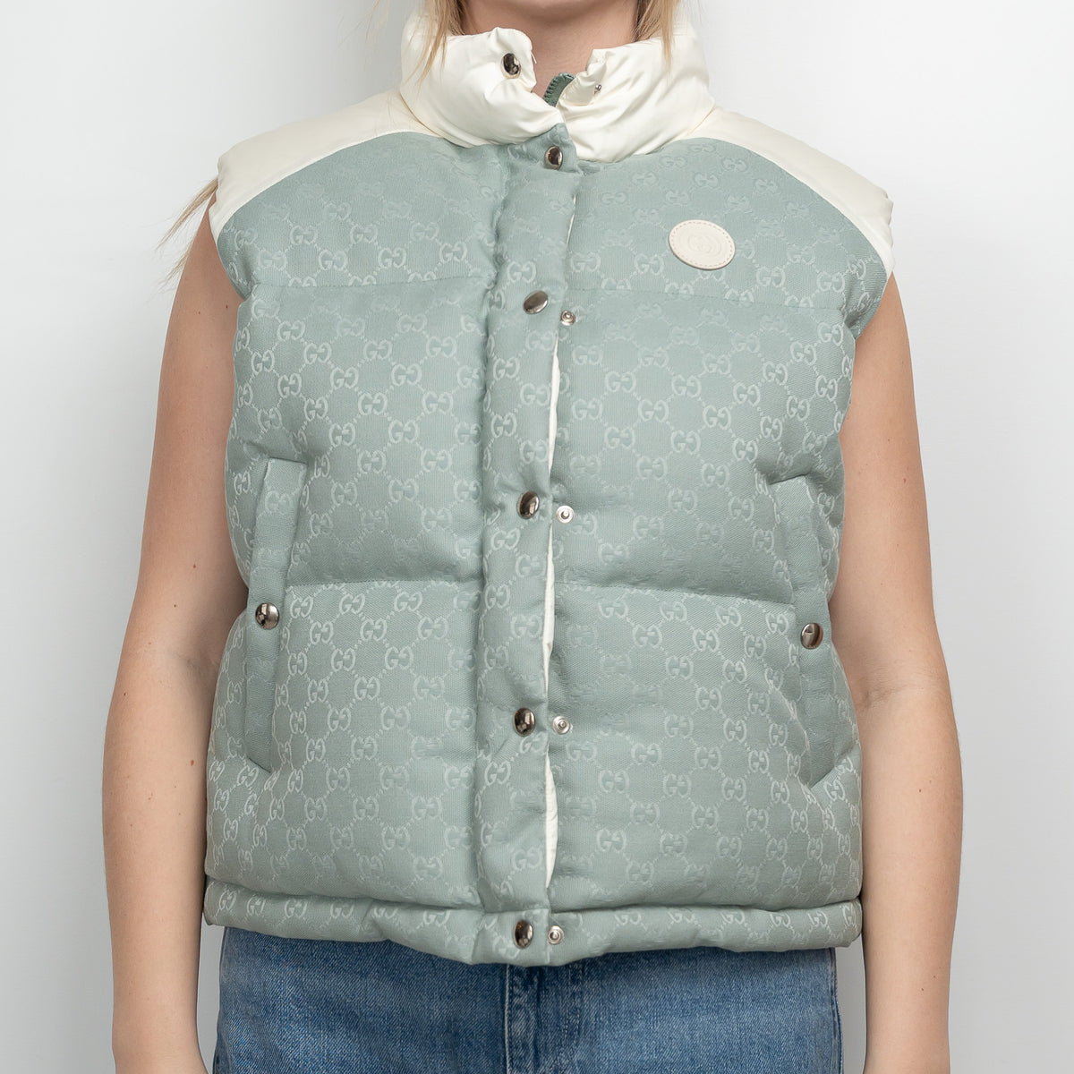 Gucci White Nylon and Blue GG Canvas Puffer Down Vest Size 42