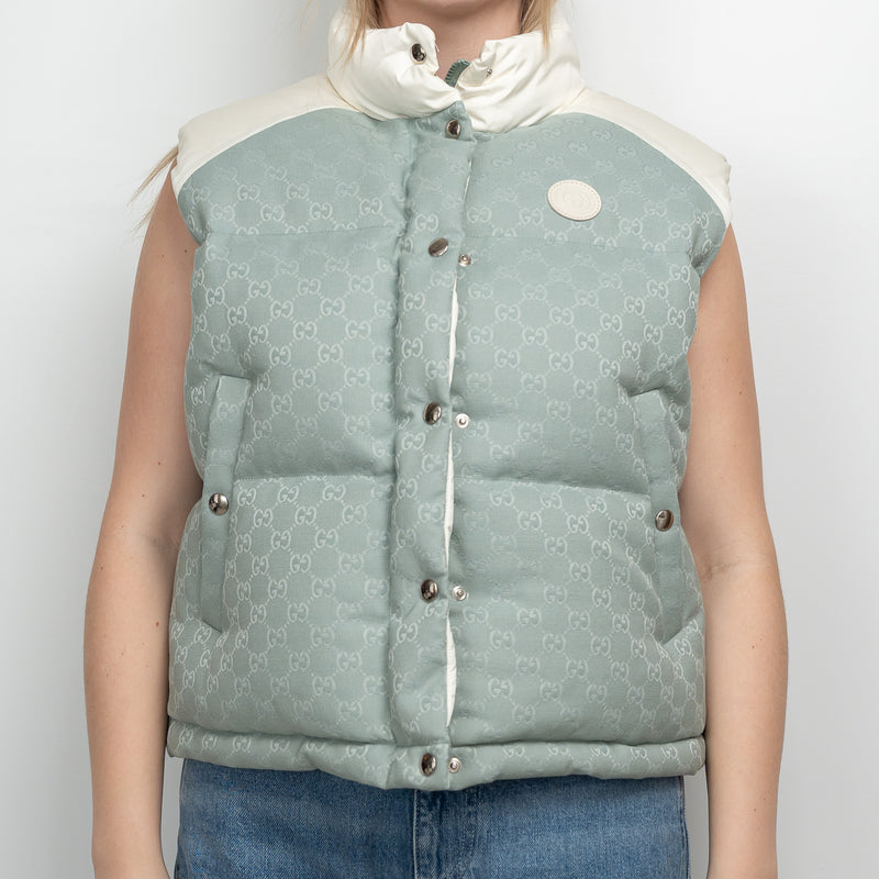Gucci White Nylon and Blue GG Canvas Puffer Down Vest Size 42