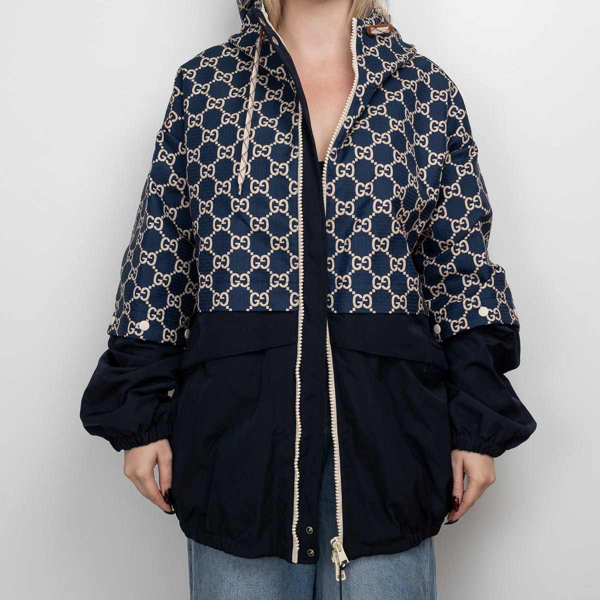 Gucci Navy GG Supreme Oversized Hooded Jacket Size 56