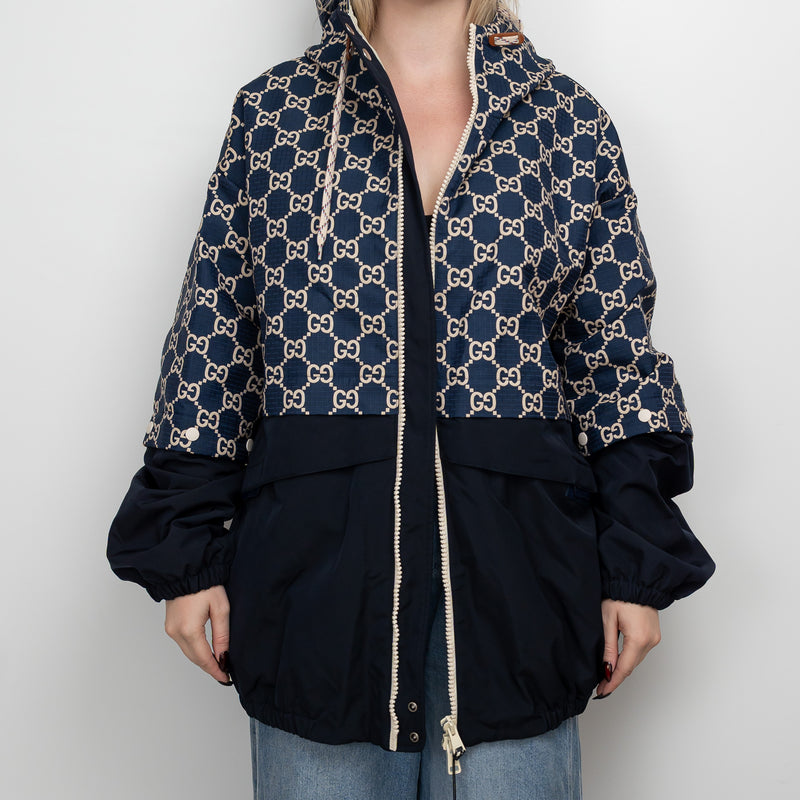 Gucci Navy GG Supreme Oversized Hooded Jacket Size 56