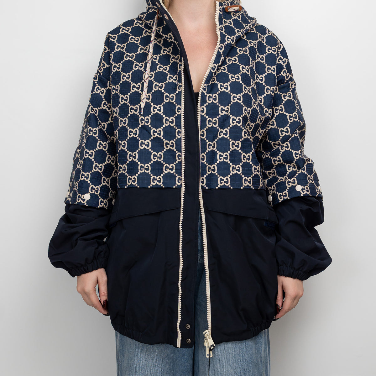 Gucci Navy GG Supreme Oversized Hooded Jacket Size 56