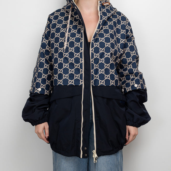 Gucci Navy GG Supreme Oversized Hooded Jacket Size 56
