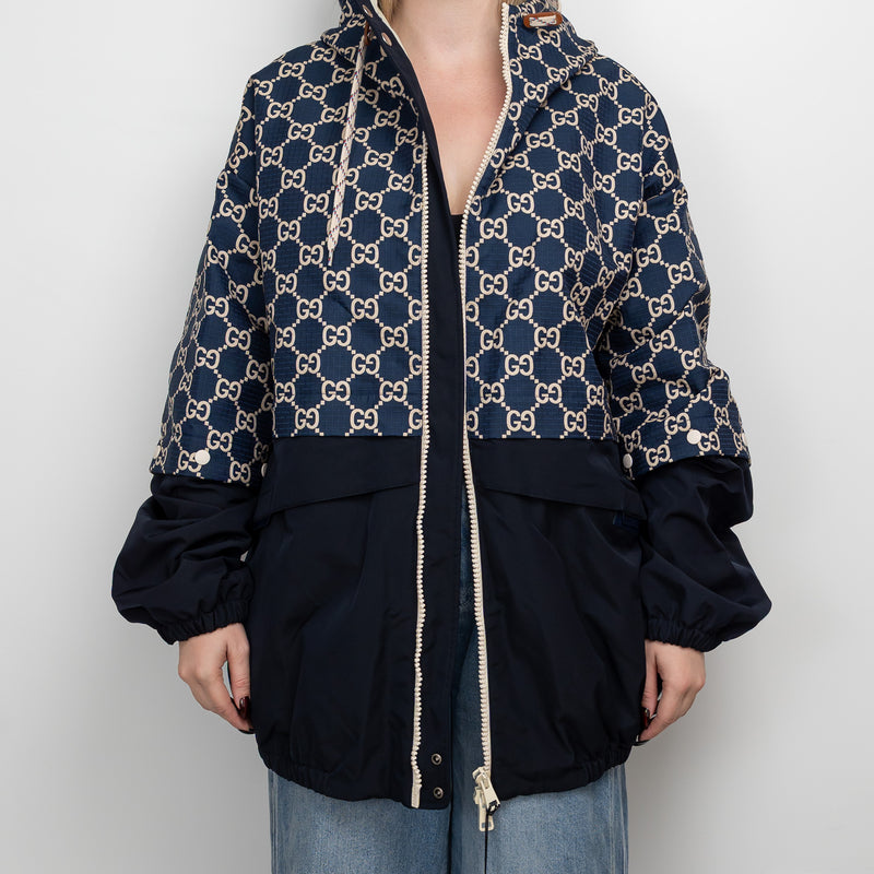 Gucci Navy GG Supreme Oversized Hooded Jacket Size 56