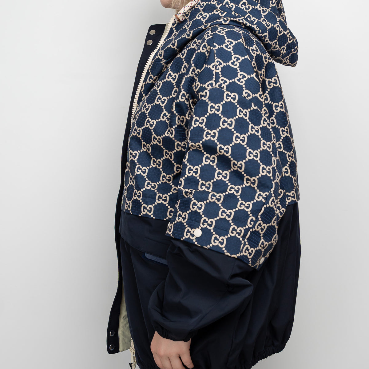 Gucci Navy GG Supreme Oversized Hooded Jacket Size 56