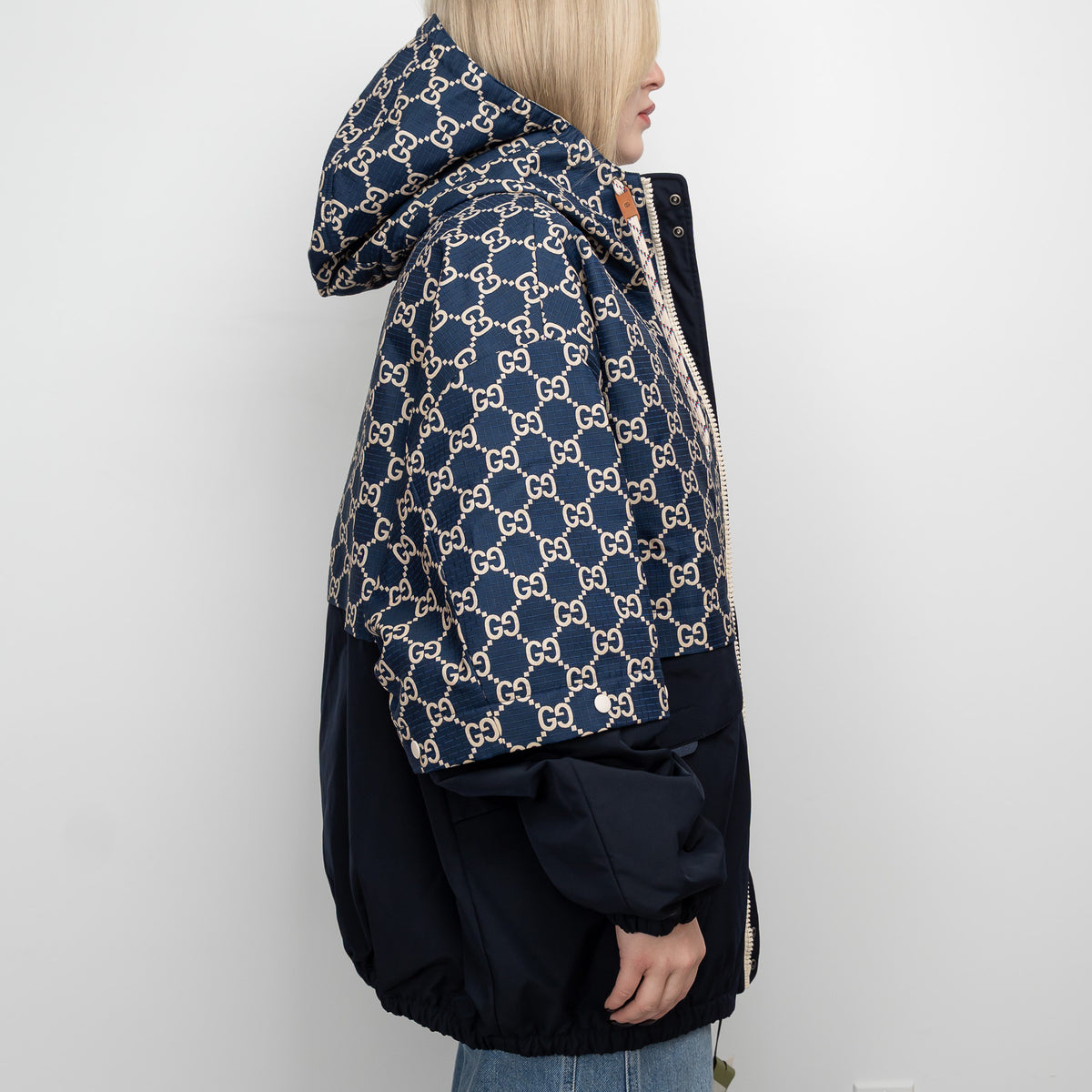 Gucci Navy GG Supreme Oversized Hooded Jacket Size 56