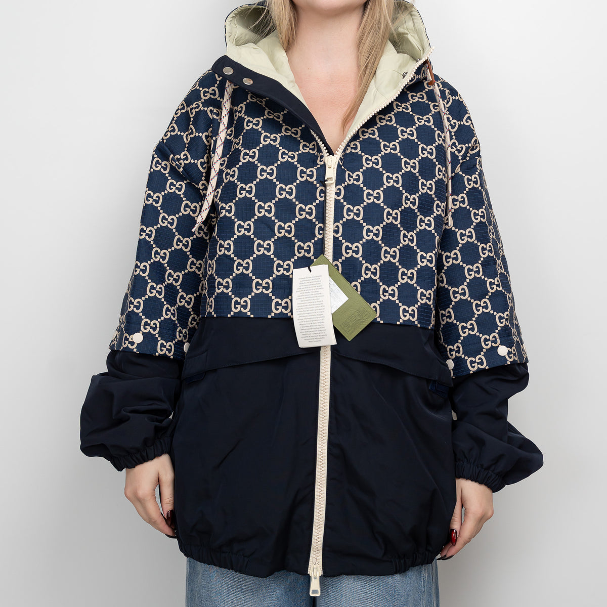 Gucci Navy GG Supreme Oversized Hooded Jacket Size 56