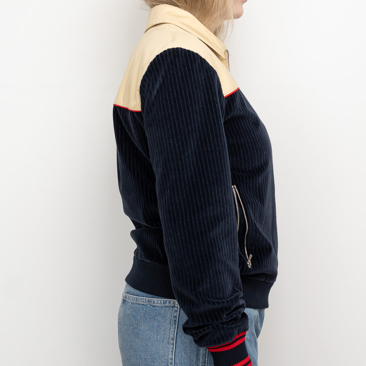 Gucci Beige Cotton and Navy Corduroy Bomber Jacket Size S